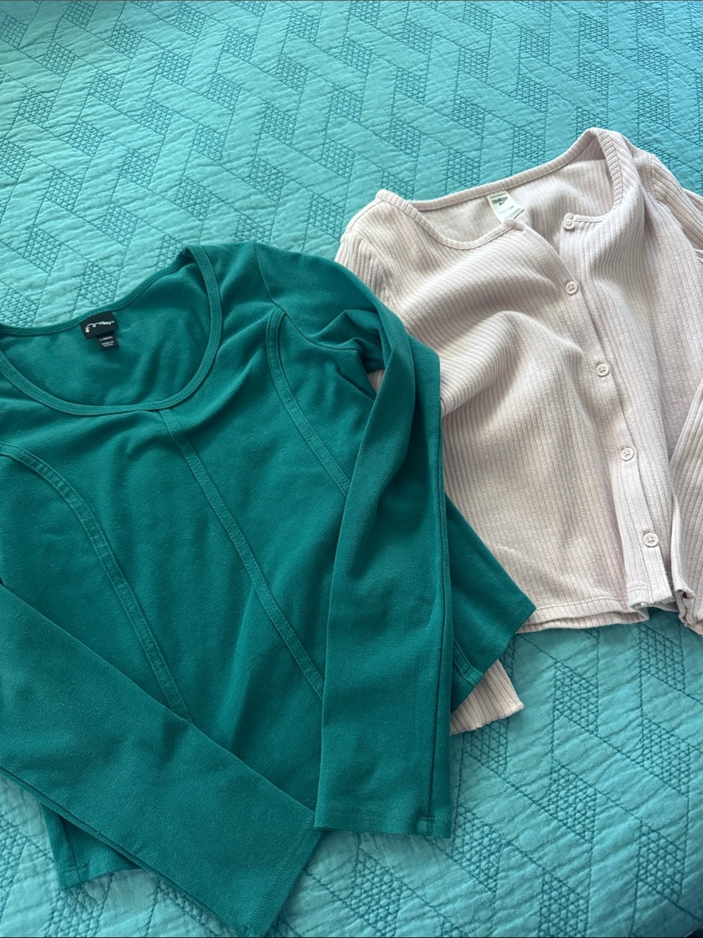 Teal Crewneck Sweater and Muave Button Cardigan